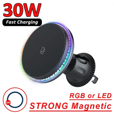 30W 자기 자동차 무선 충전기 RGB 아이폰 12 13 14 15 프로 맥스 Macsafe 자동차 전화 홀더 스탠드 마운트 빠른 충전 스테이션